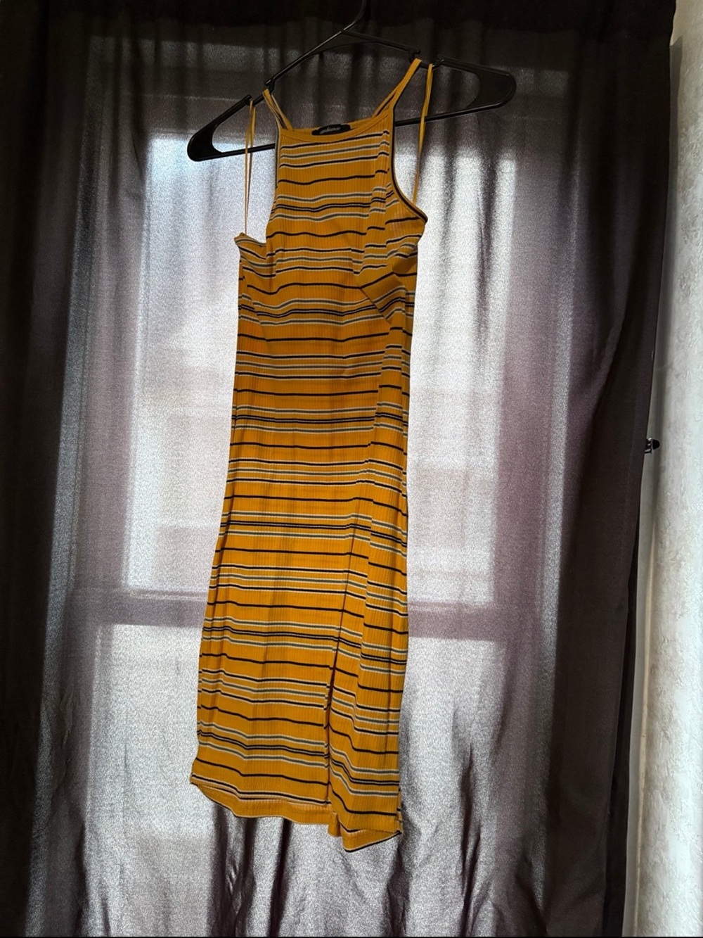Striped Mustard Yellow Midi Dress with Spaghetti Straps